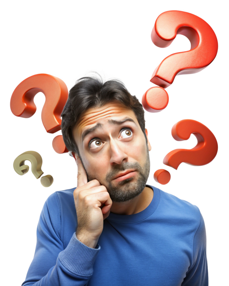Transparent lost businessman with floating question marks png