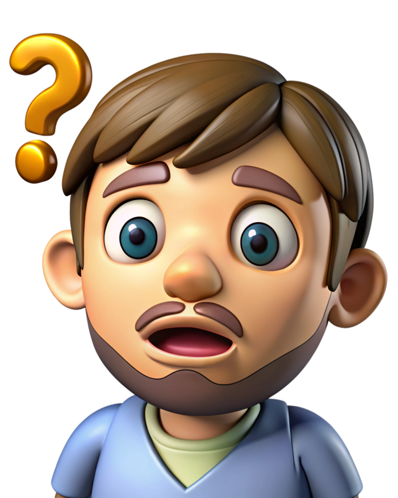 Young man confused with big question marks around png