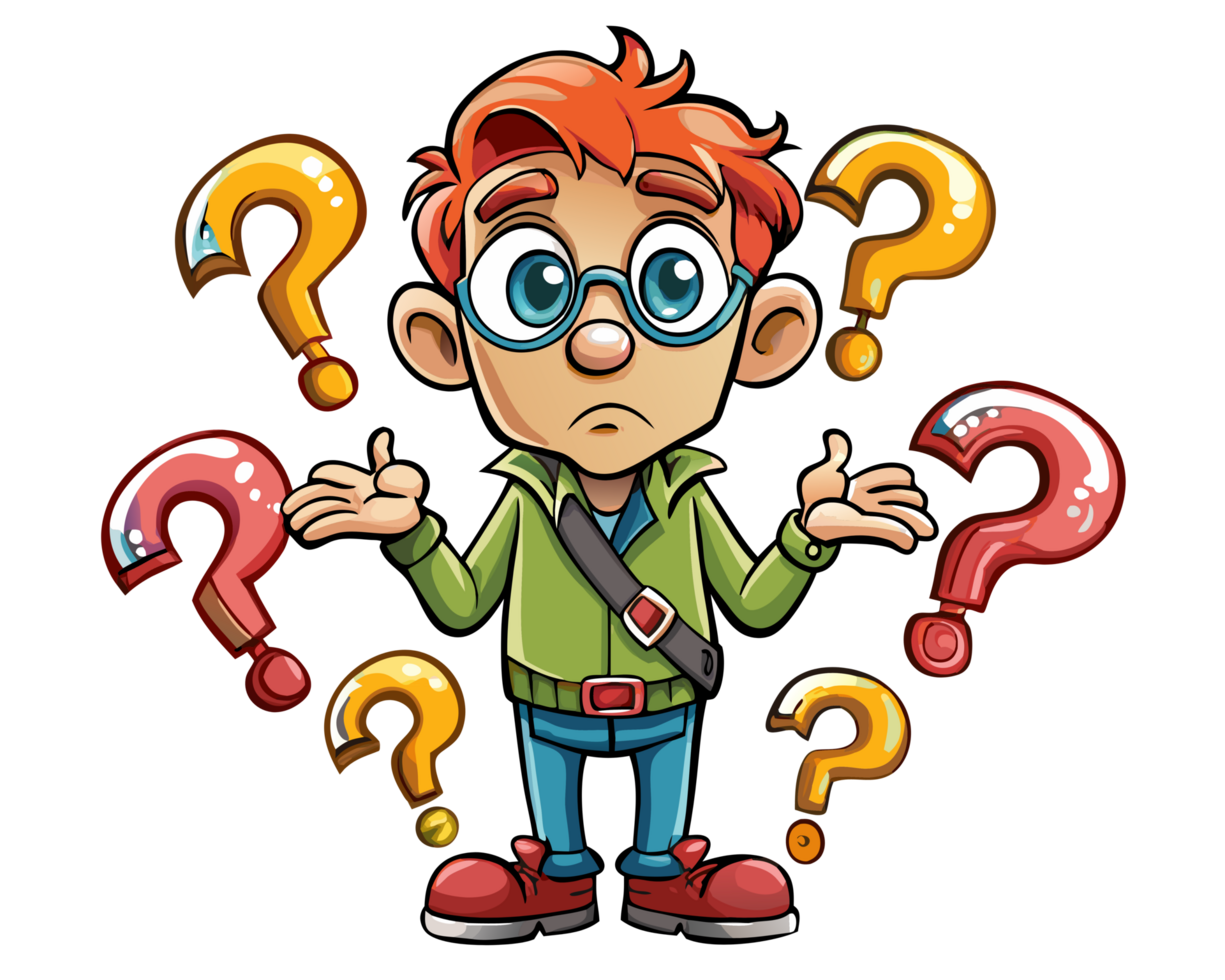 Confused man looking up with question marks floating png