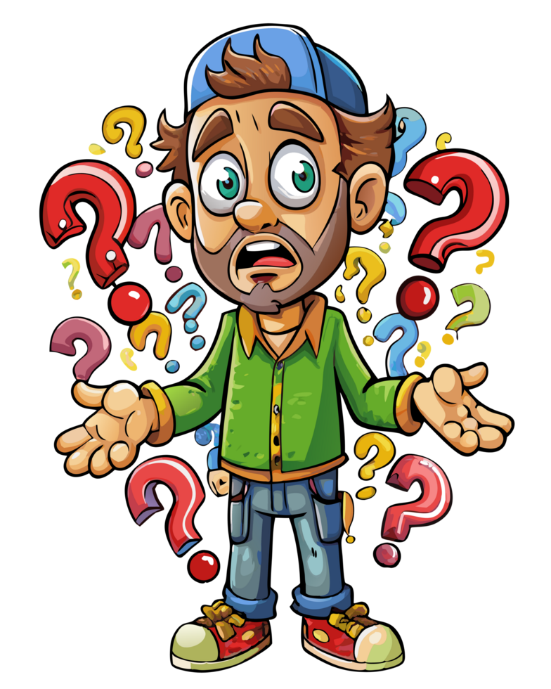 Man lost in thought with floating question marks png
