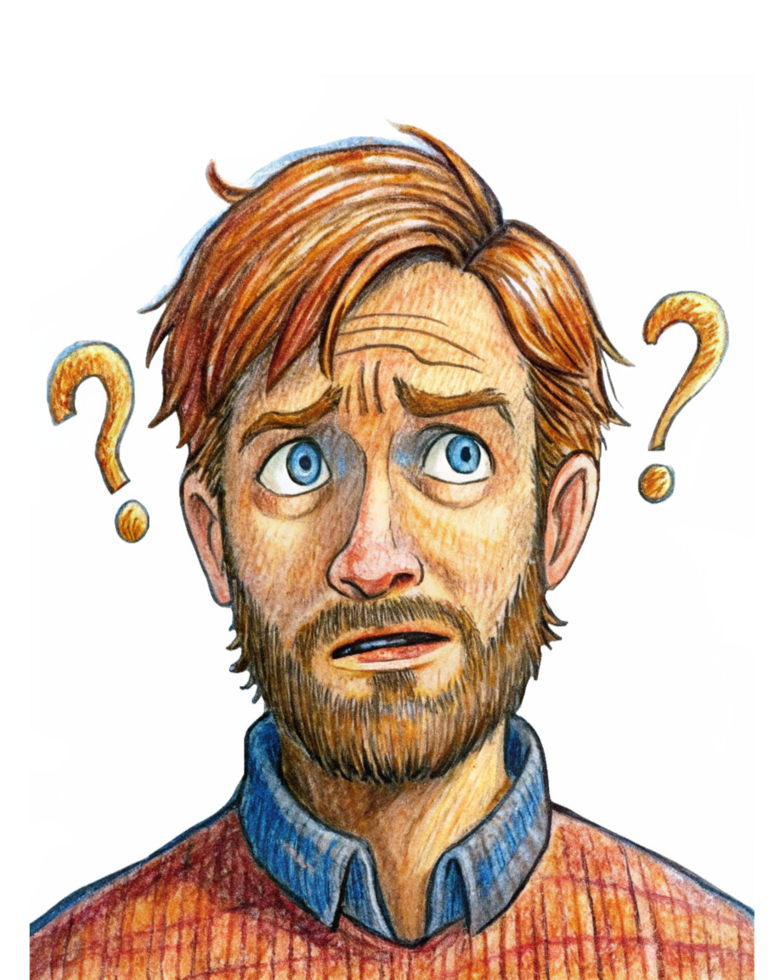 Man wondering about something with floating question marks png