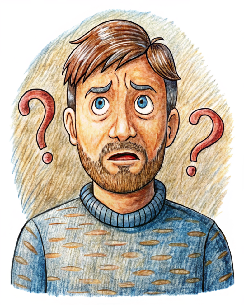 Thinking man struggling with multiple question marks png