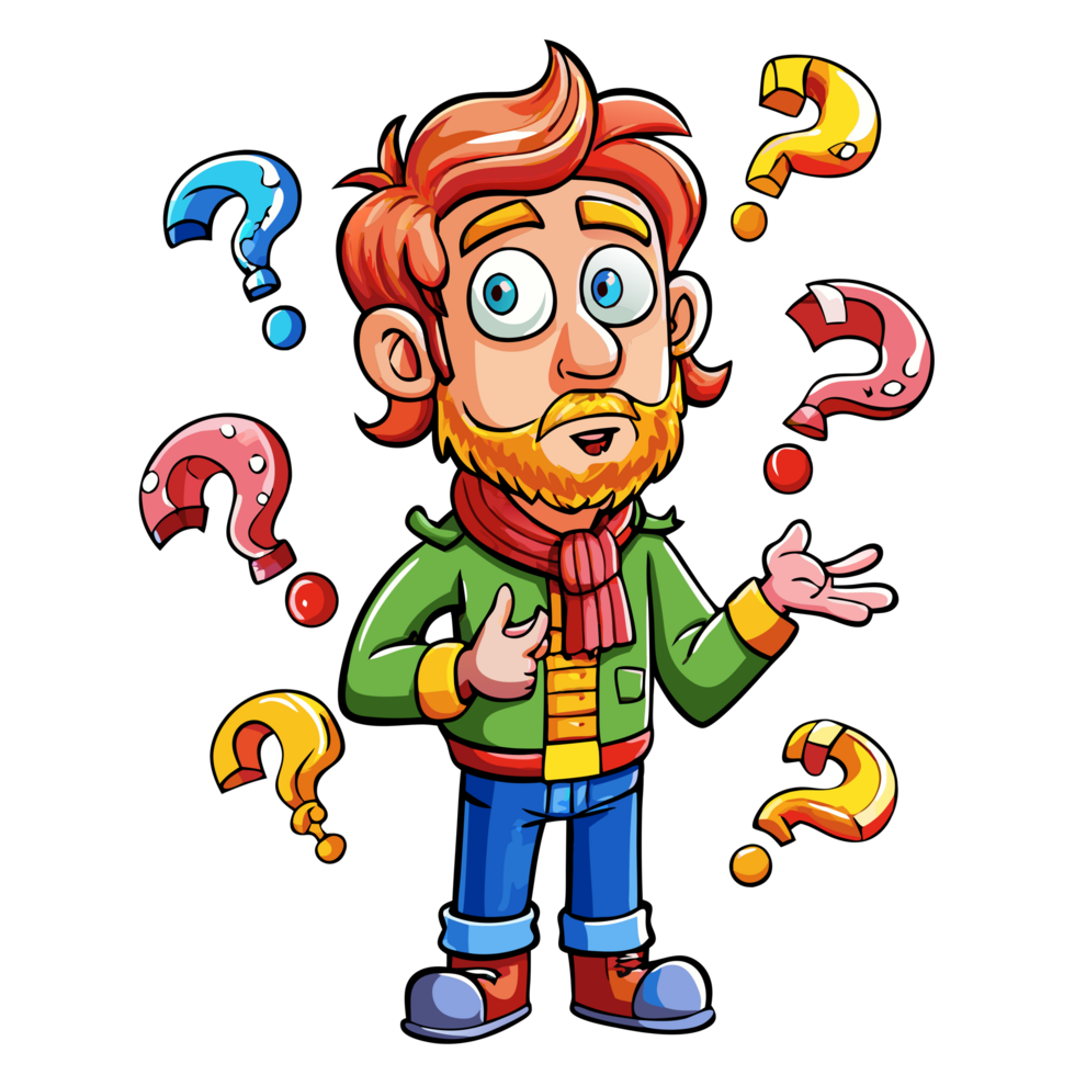 Confused young man with question marks on clear background png