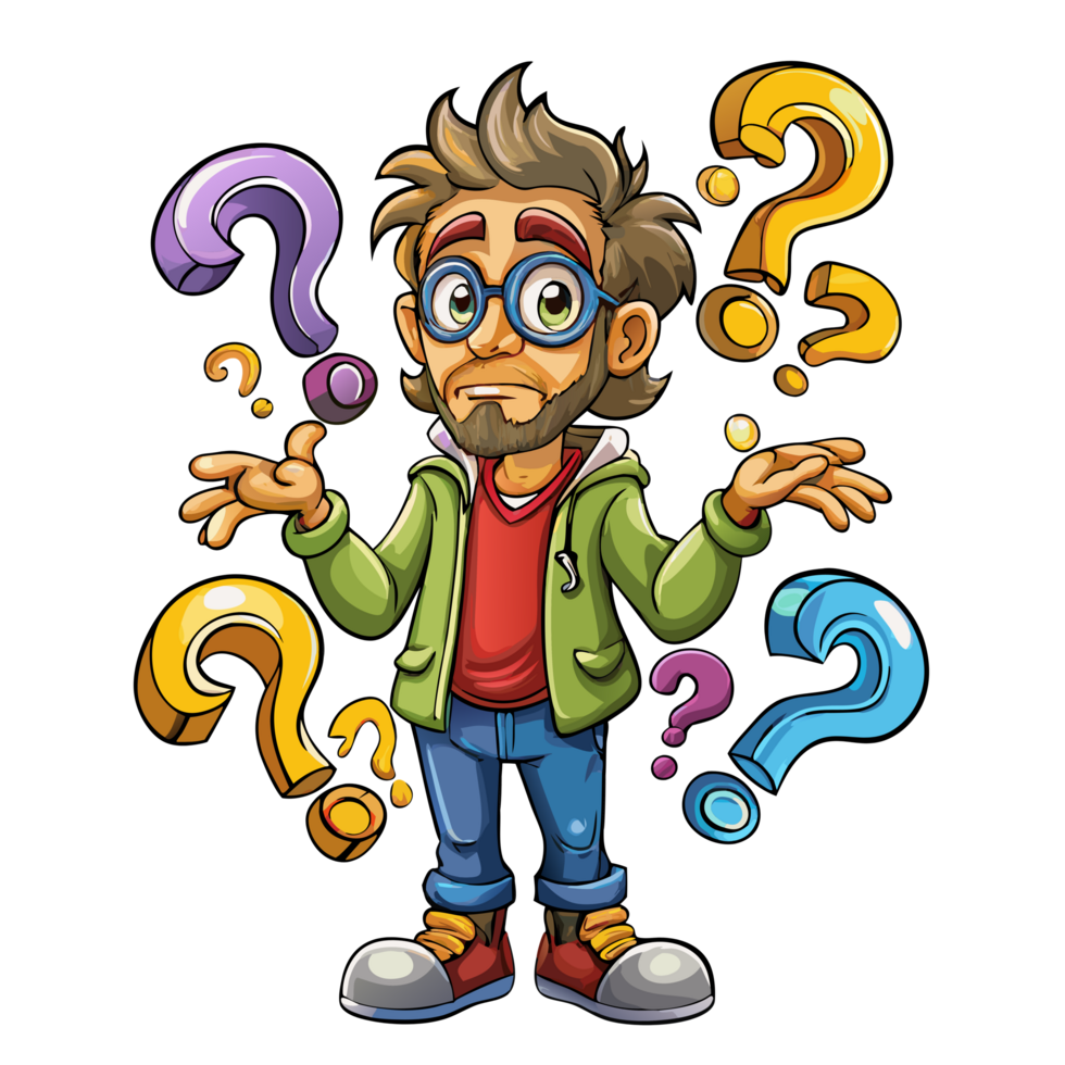 Bewildered man with question symbols floating png
