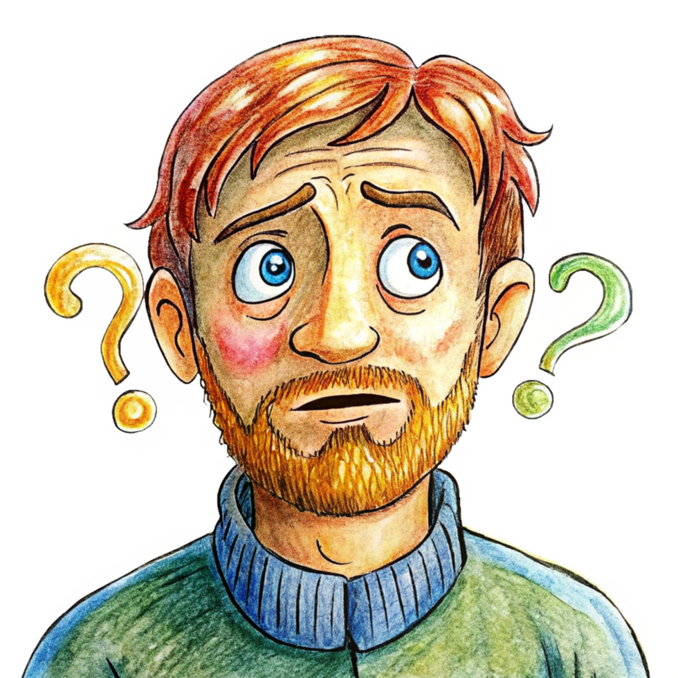 Man with confused expression and floating question marks png