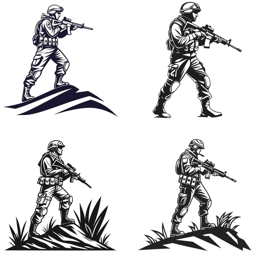 Battle Prepared Soldier in Stealth Silhouette vector