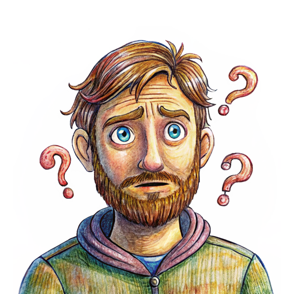 Perplexed businessman with thought bubble and question marks png