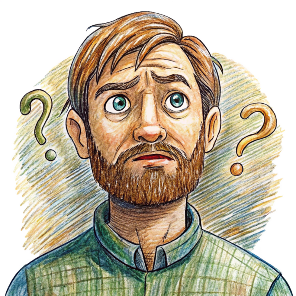 Puzzled man holding head with question marks floating png
