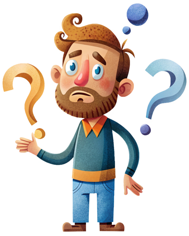 Frustrated man with question marks and lost expression png
