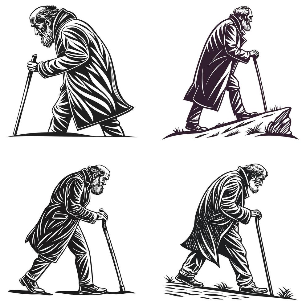 Wise Old Man with Cane Silhouette vector