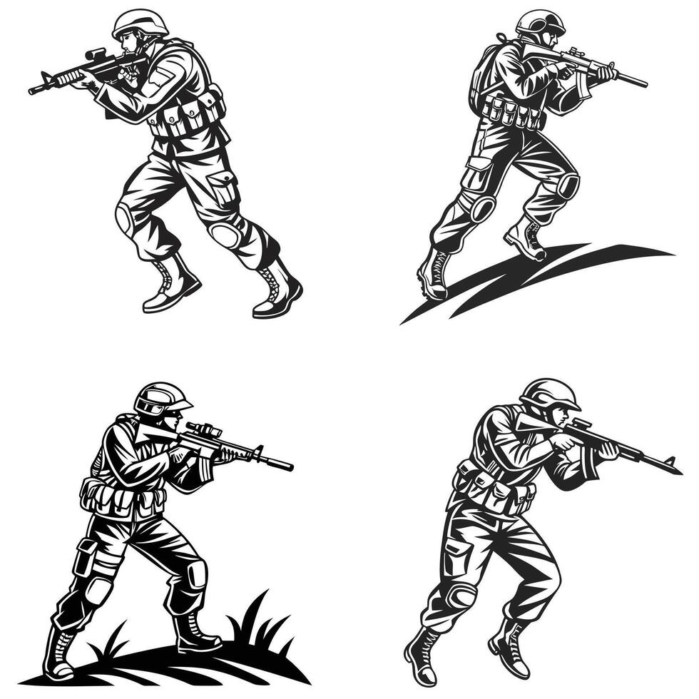 Armed Warrior in Combat Stance Silhouette vector