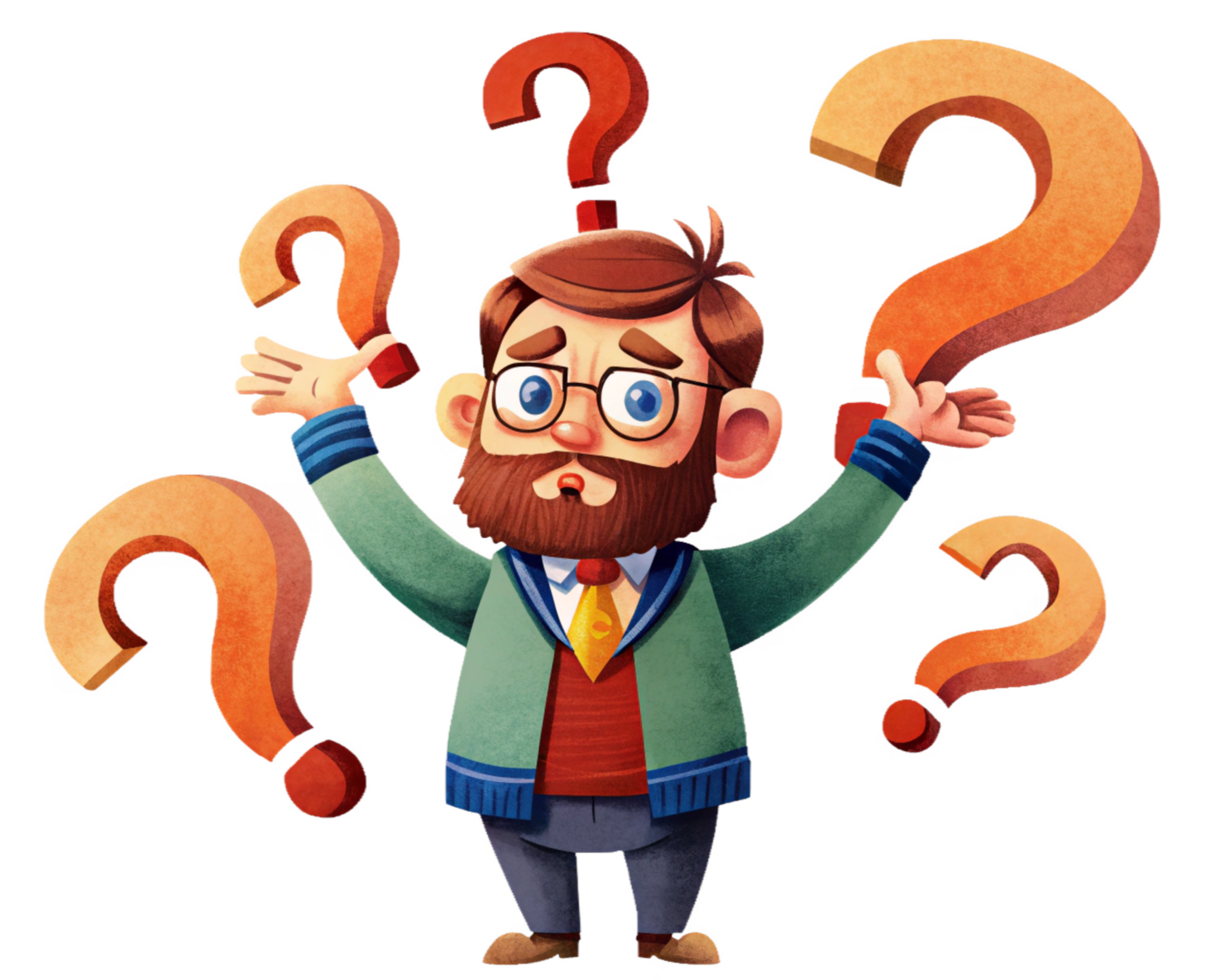 Thoughtful man surrounded by multiple question marks png