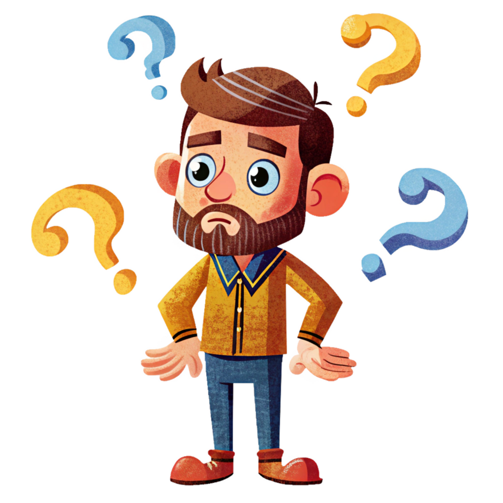 Confused businessman with question marks on transparent background png