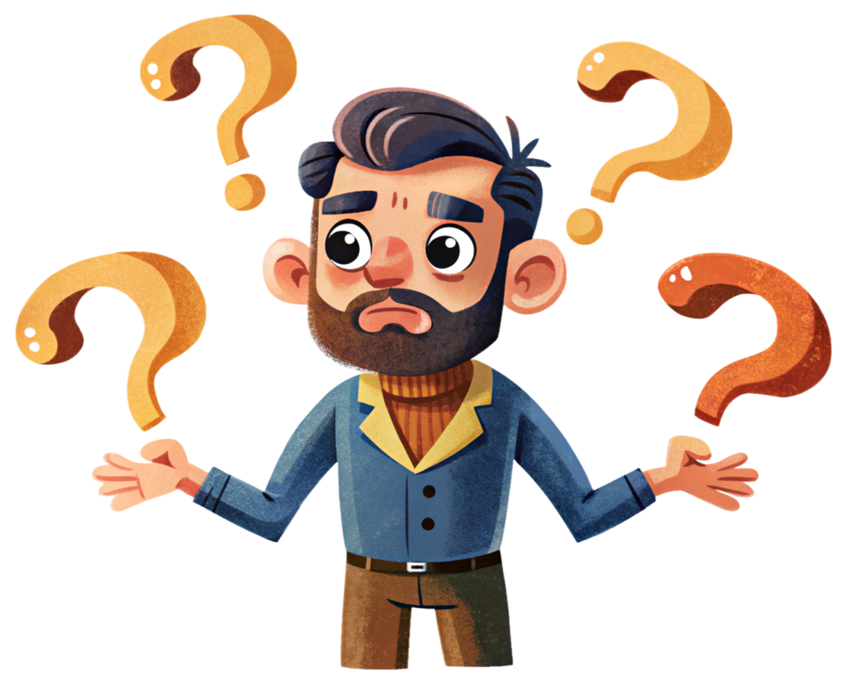 Confused character with question marks on a clear background png