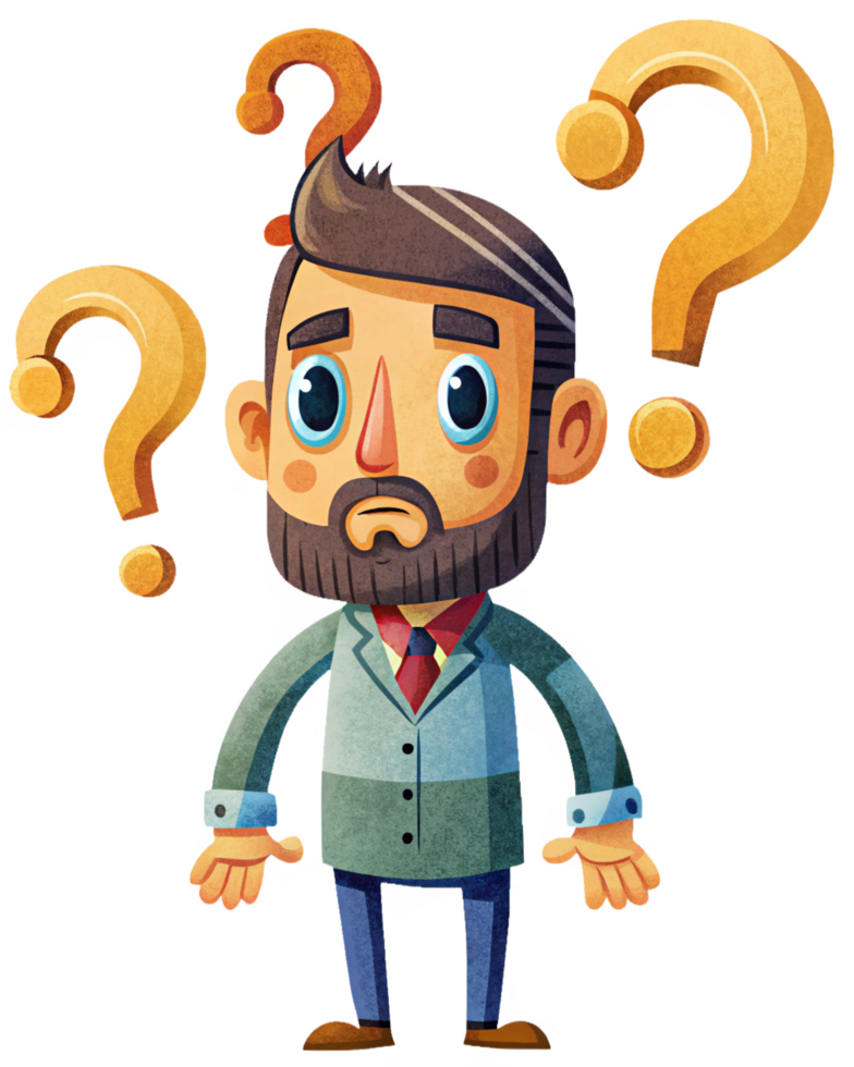 Uncertain man thinking with floating question marks png
