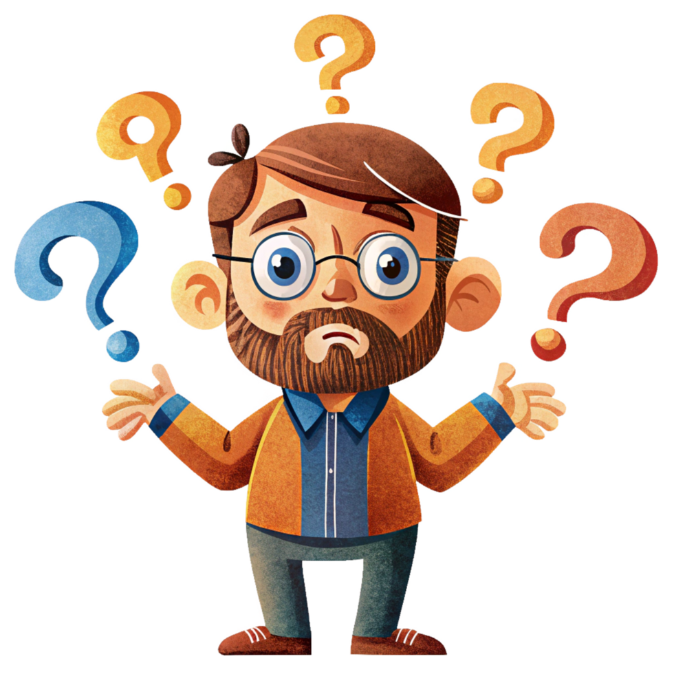 Man puzzled with floating question marks in the air png