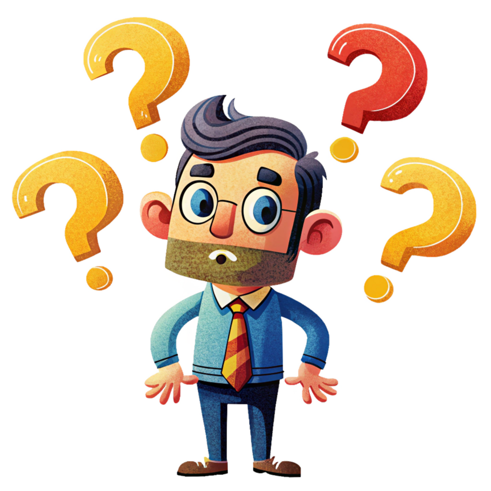 Confused man with question marks on transparent background png