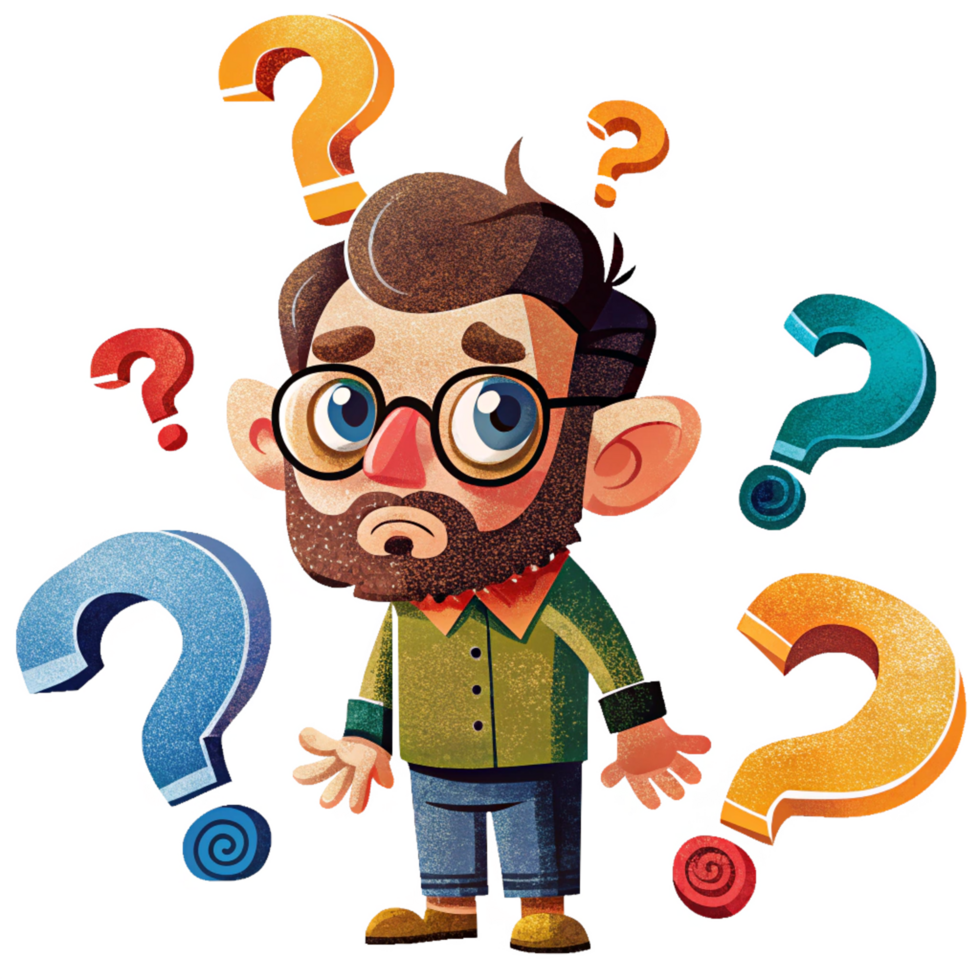 Puzzled man surrounded by question marks isolated png