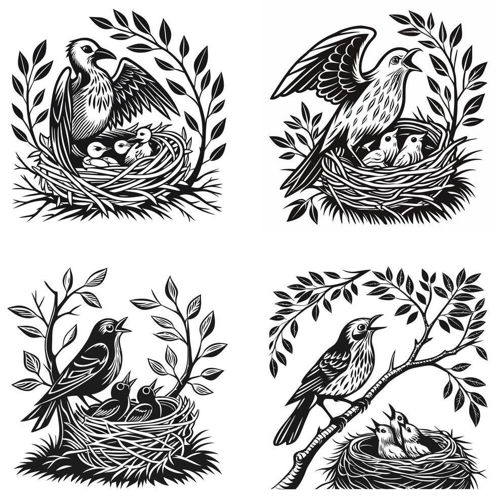 Silhouette of a Bird Family in Nest vector
