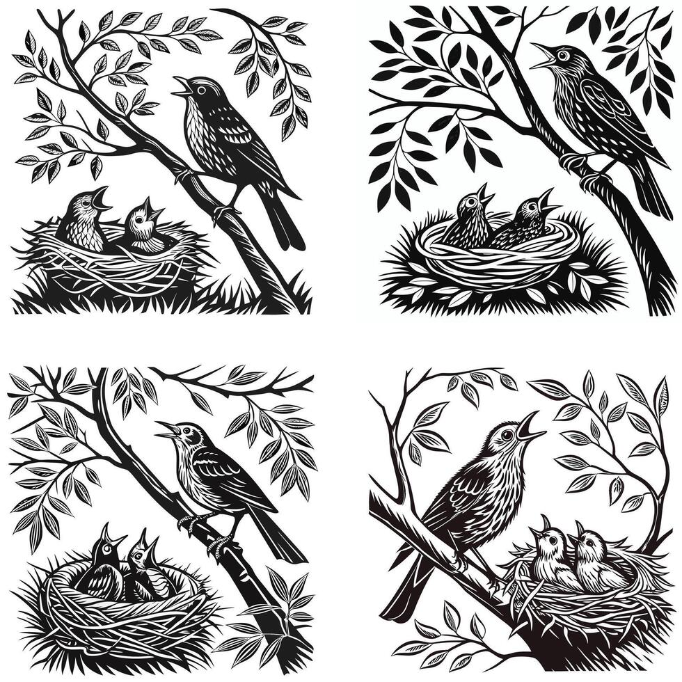 Nesting Birds Silhouette with Feeding Scene vector
