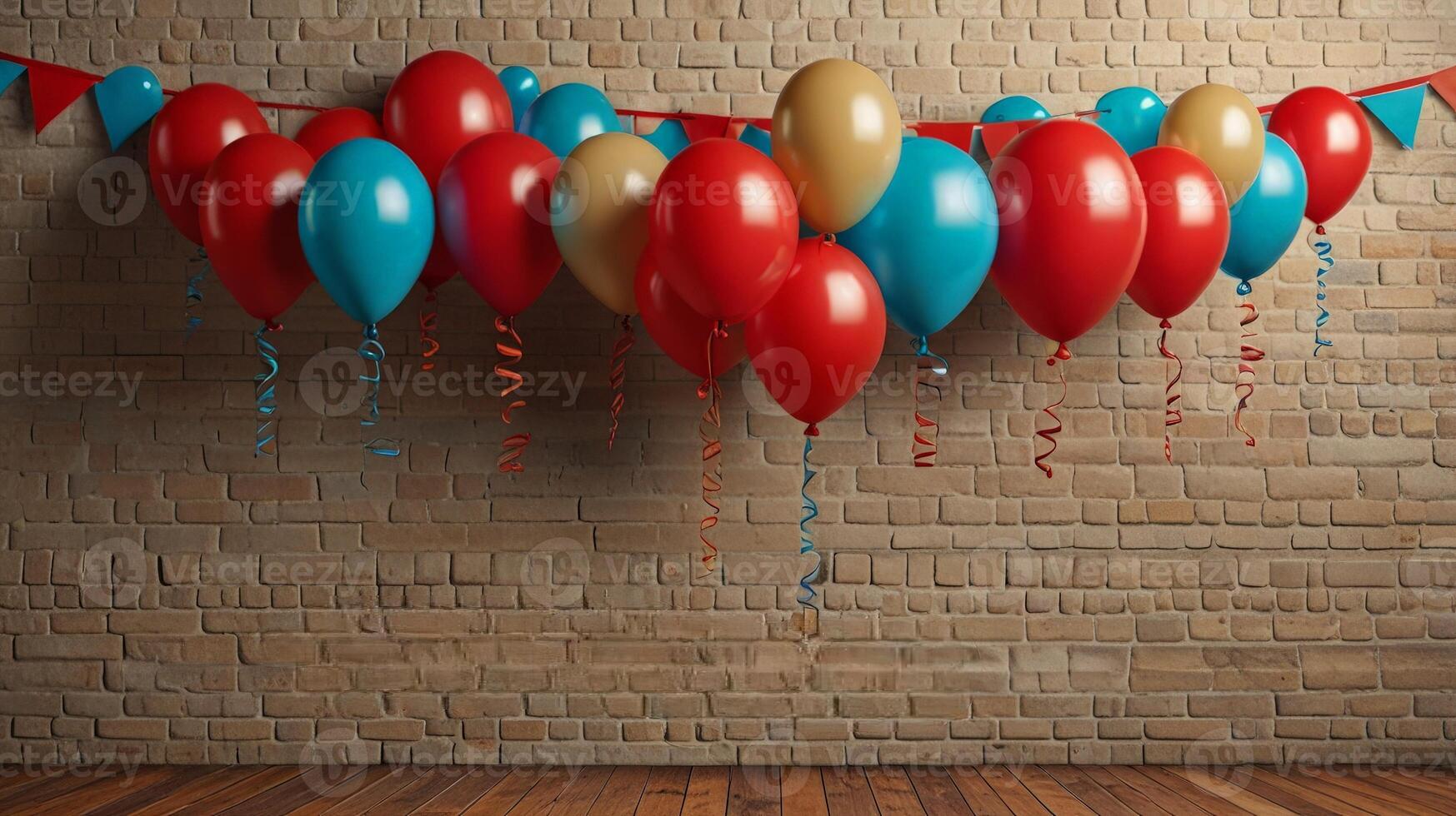 A vibrant display of red, blue, and gold balloons strung together, perfect for celebrating festive occasions or parties. photo