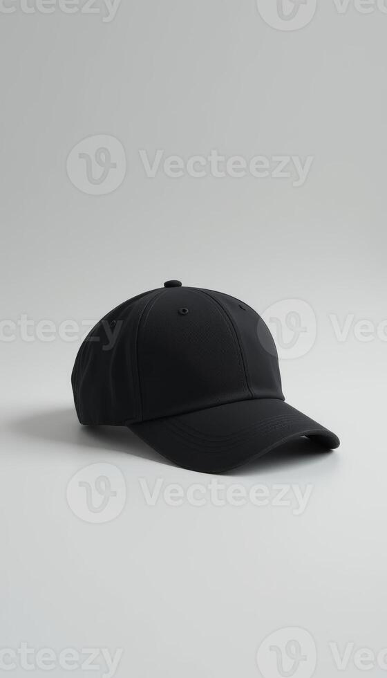 A stylish black baseball cap placed against a neutral background, ideal for fashion displays or casual wear promotions, appealing to sports enthusiasts and everyday wearers. photo