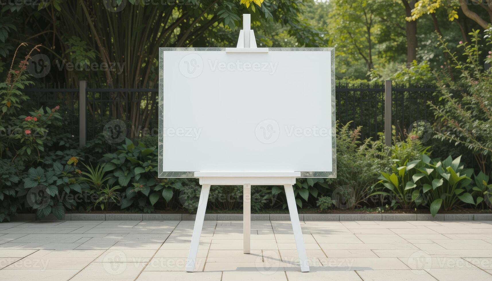 A blank white canvas on a wooden easel in a lush outdoor setting, offering artists a serene space for creativity and inspiration in a natural environment. photo