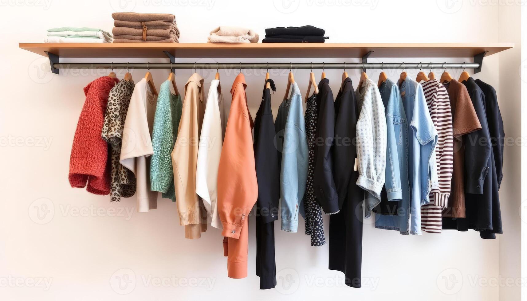 A neatly organized clothing rack displaying various garments, perfect for fashion retailers, home decor enthusiasts, or personal styling inspiration. photo