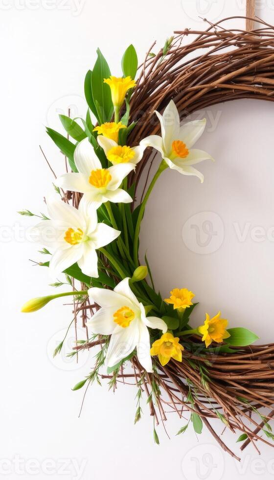 A beautifully crafted wreath featuring white lilies and yellow daffodils, symbolizing renewal, perfect for spring decorations and welcoming a fresh season. photo