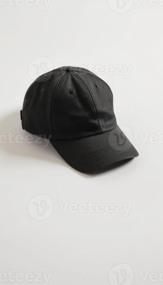 A sleek black baseball cap placed on a white background, ideal for casual wear or promotional use, suitable for brands targeting sports enthusiasts and fashion-conscious individuals. photo