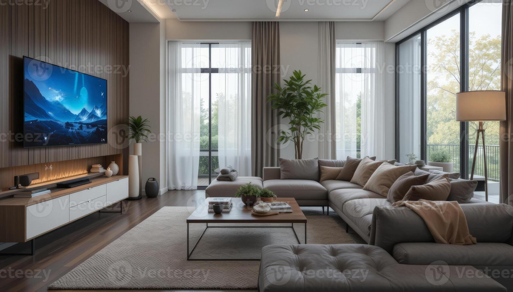 A stylish modern living room with soft furnishings, large windows, and greenery, creating a calm and inviting atmosphere for relaxation. photo