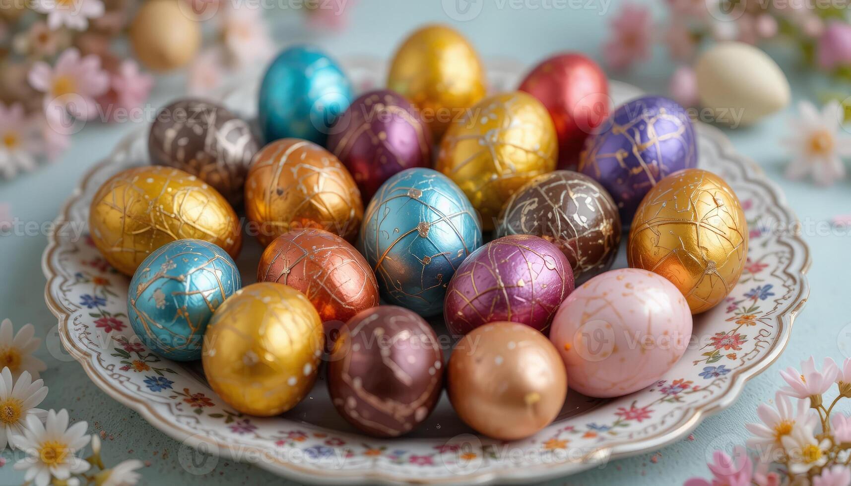 An assortment of colorful Easter eggs displayed on a decorative plate, showcasing various tones and patterns, ideal for holiday celebrations and festive gatherings. photo