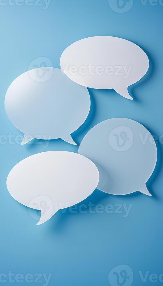 Transparent speech bubbles float against a blue background, visually representing communication and dialogue, perfect for social media and marketing. photo