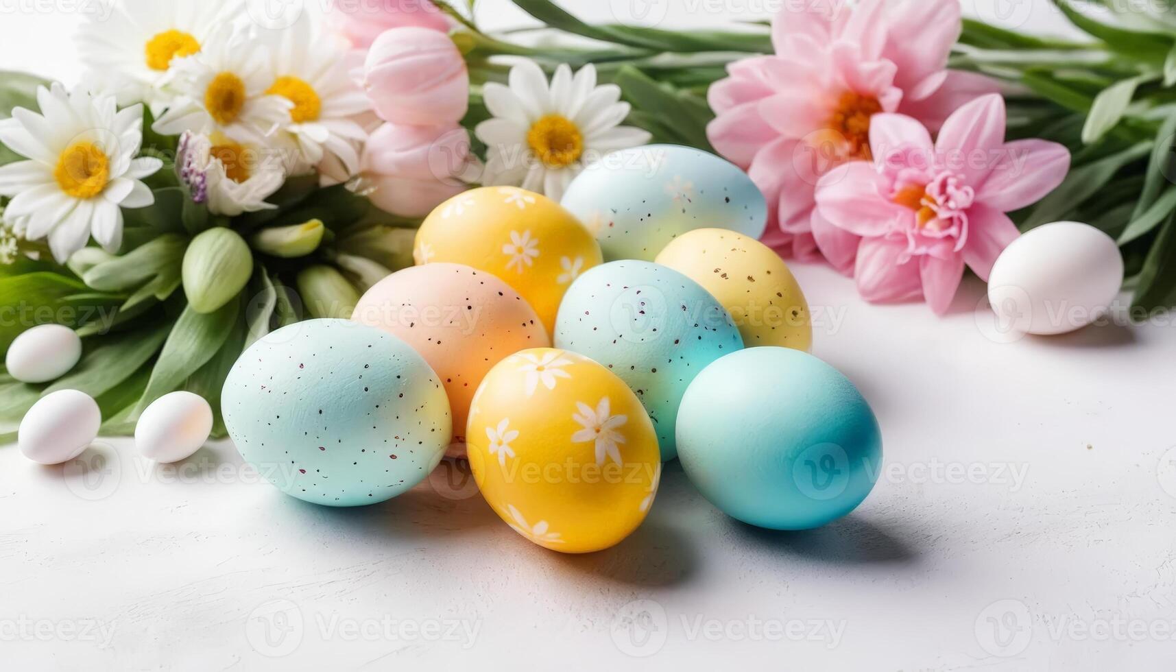 A collection of beautifully decorated pastel Easter eggs displayed with fresh flowers, perfect for spring events, DIY projects, and holiday celebrations. photo
