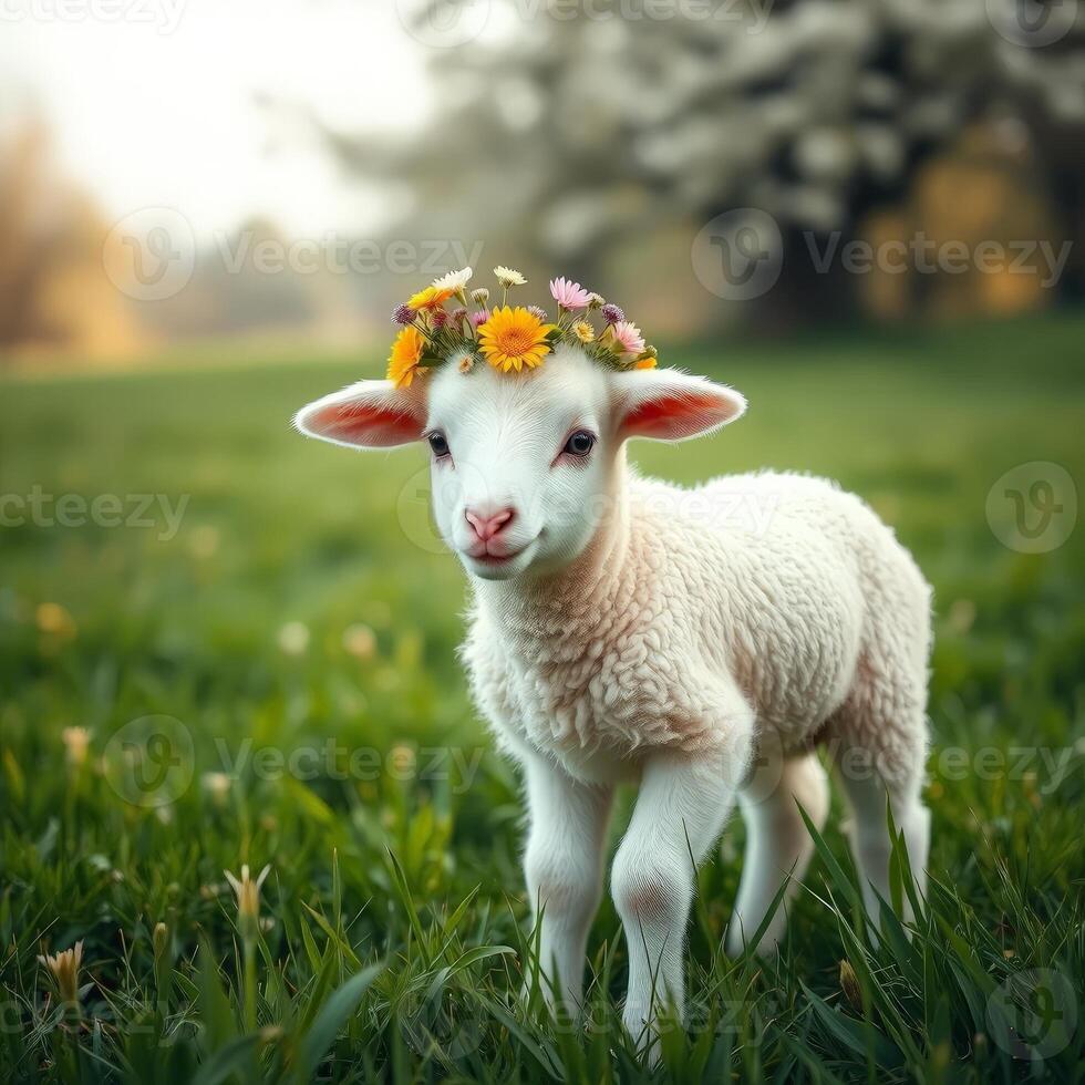A charming lamb wearing a floral crown stands proudly in a meadow, embodying the joy and beauty of spring, perfect for Easter or animal-focused content. photo
