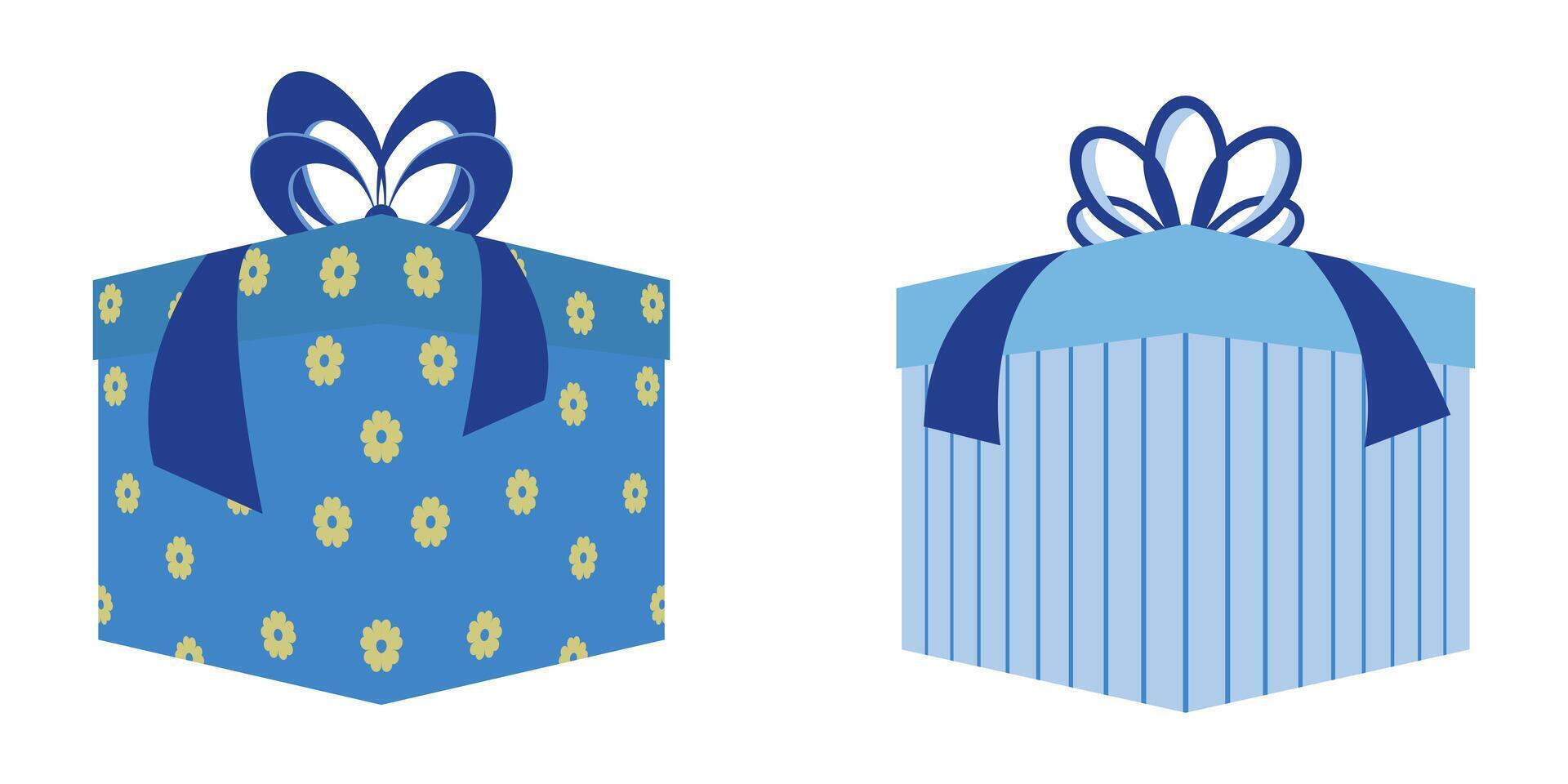 Blue Gift Box With Ribbon Bow Decorated With Floral And Stripe Pattern vector