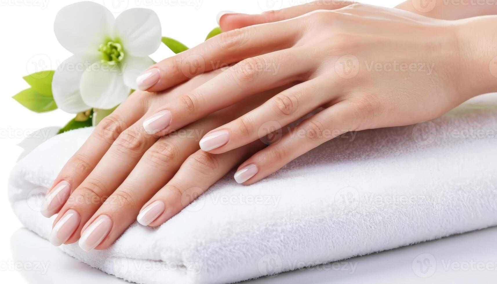 Delicate hands gently resting on a towel, with a white flower nearby, embodying serenity and self-care in a beauty regimen. photo