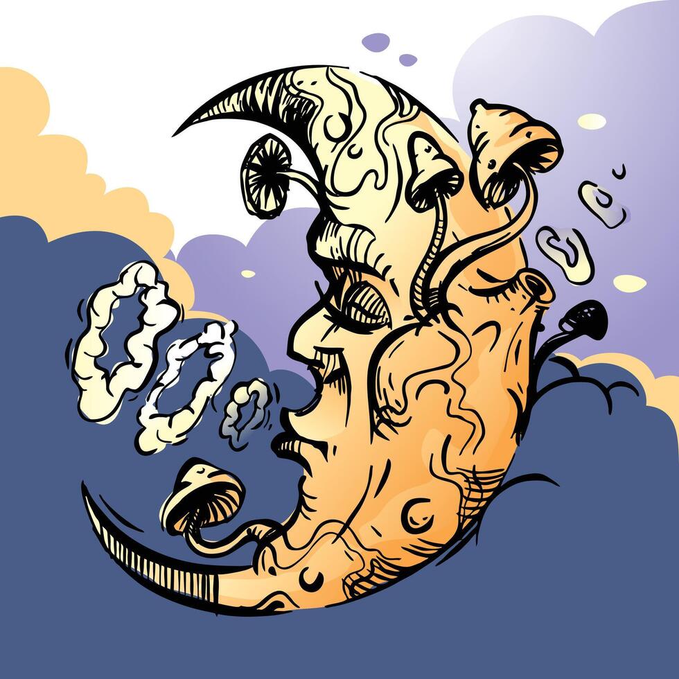 Vibe Moon is dozing and emitting smoke rings. The mushroom moon in the clouds vector