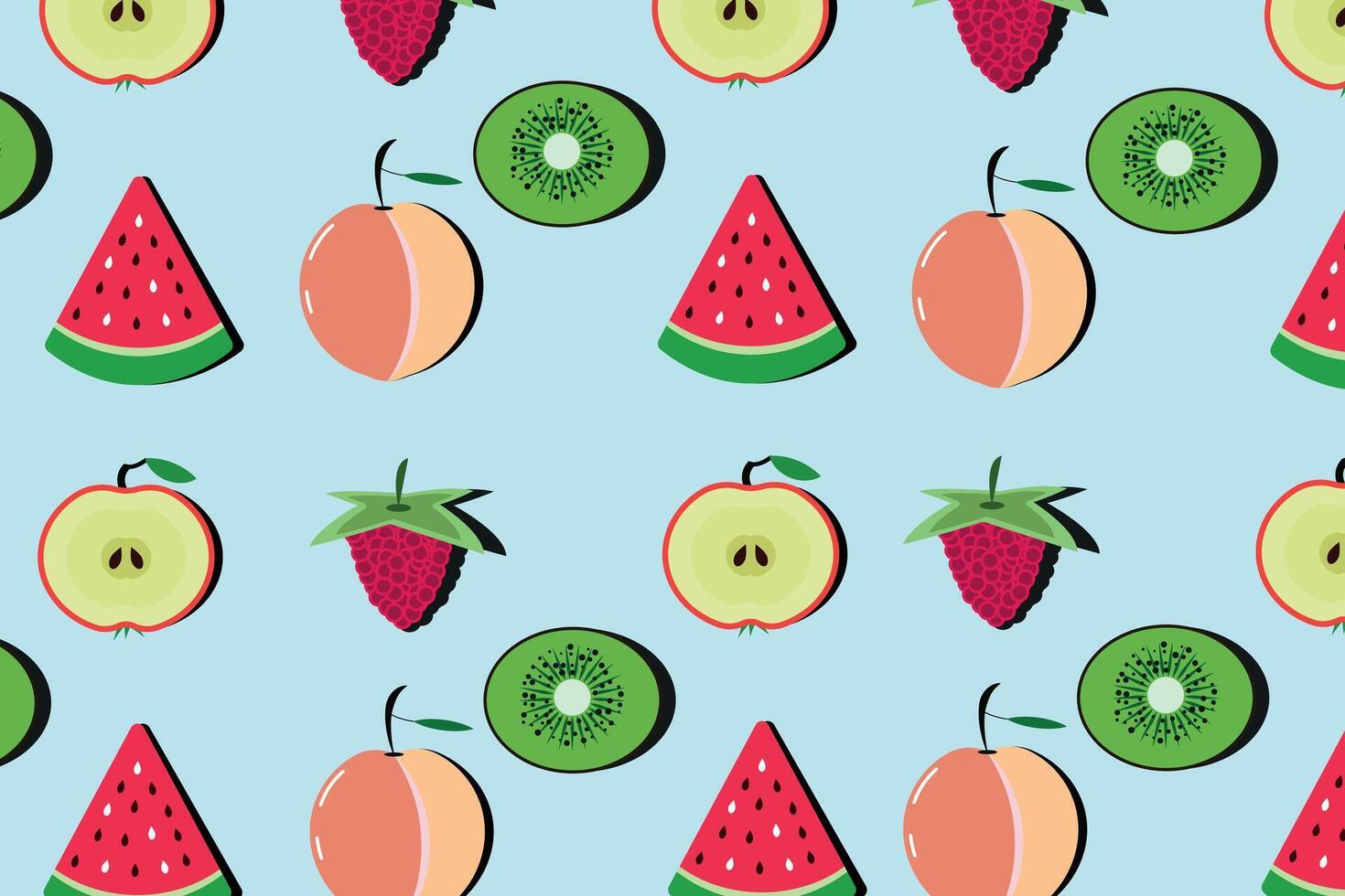Fruit pattern with peach, kiwi, watermelon, raspberry on blue background. vector