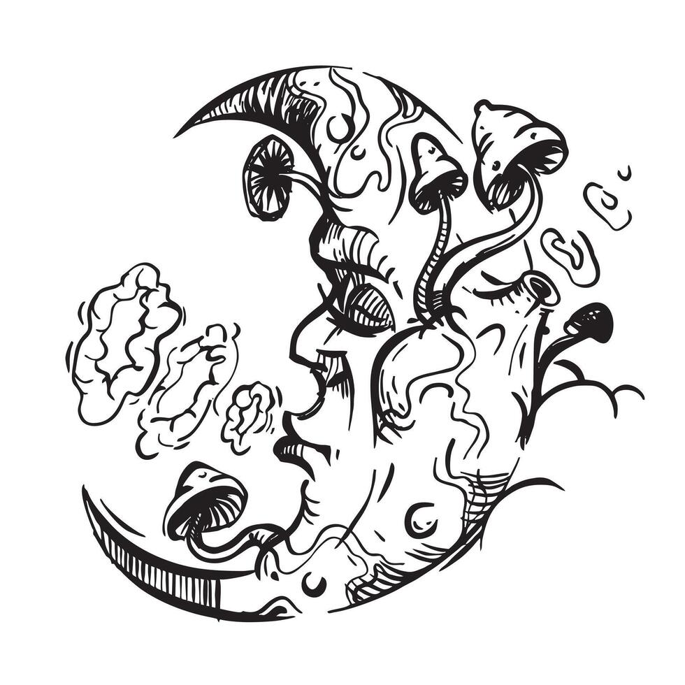 A drawing of a crescent moon with mushrooms on it vector