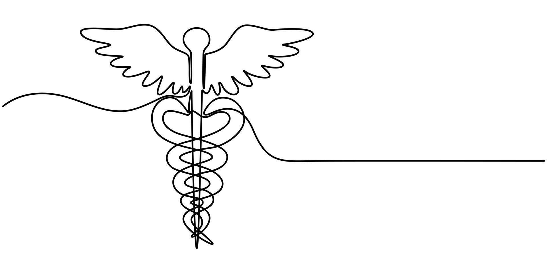 Continuous one line drawing of caduceus as a symbol of medicine outline vector