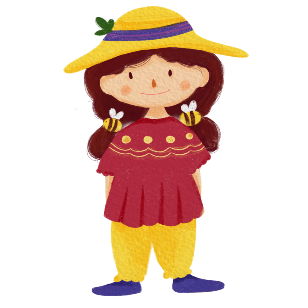 A girl wearing a yellow hat and a red dress png