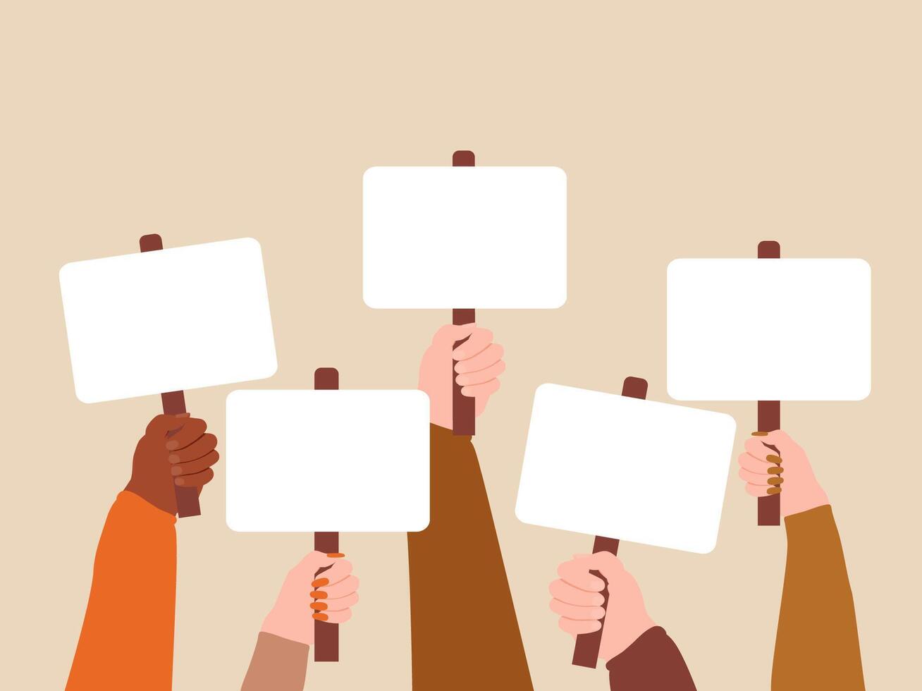crowd of people demonstrating with blank signs or placards. illustration of hands raised up. protesters hands holding peace protest posters blank vote placard out from crowd demonstration activist vector