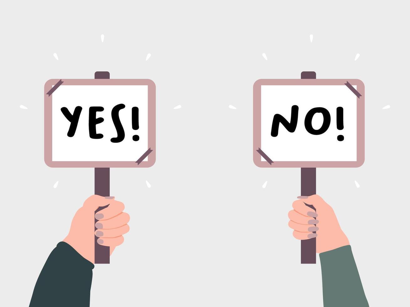hands holding Yes and No signs banners on wood stick cartoon. Concept of choice, voting, dilemma banner illustration vector
