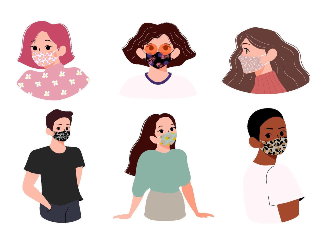 People wearing patterned face mask vector