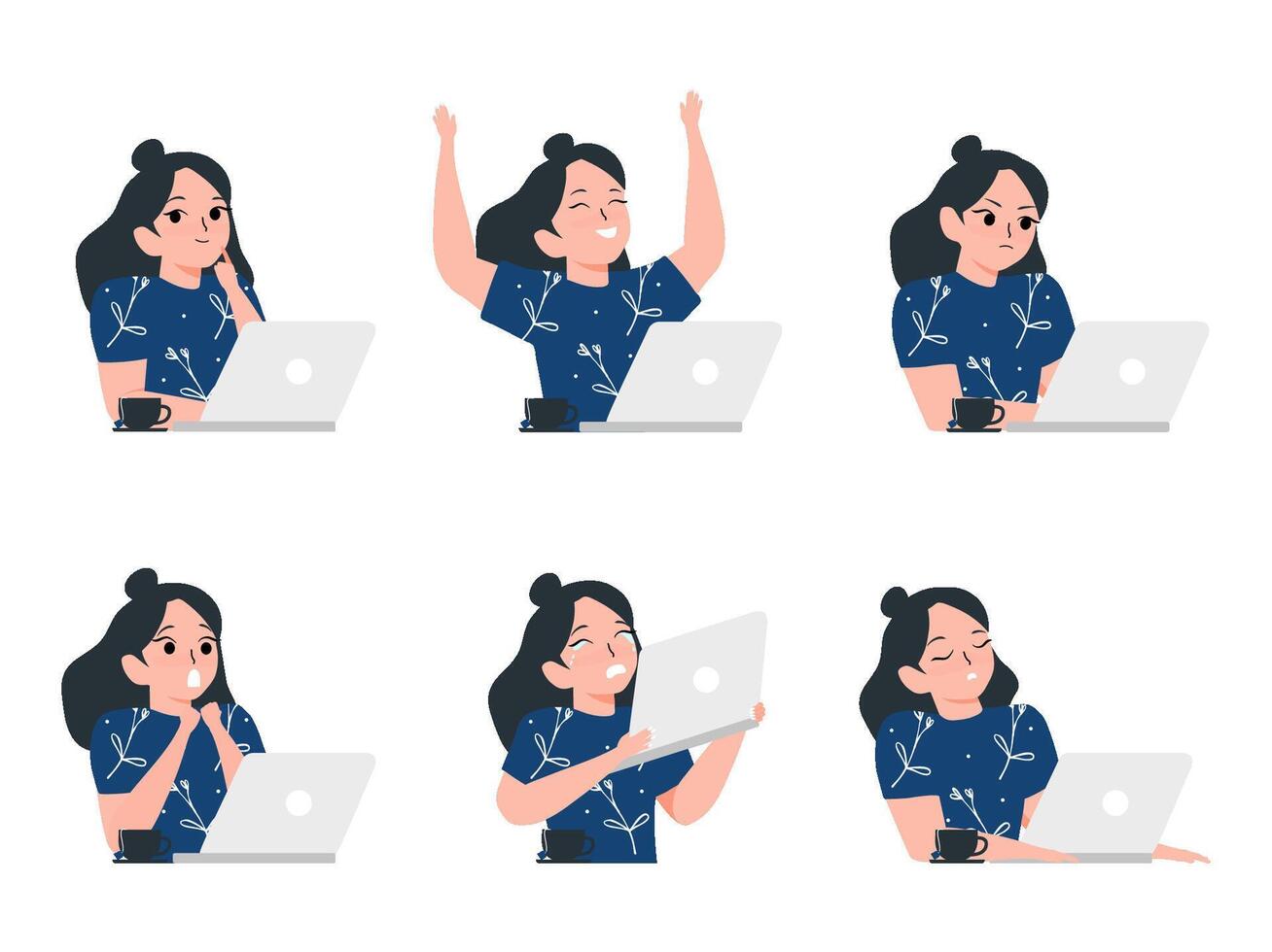 woman working on laptop with different emotions vector