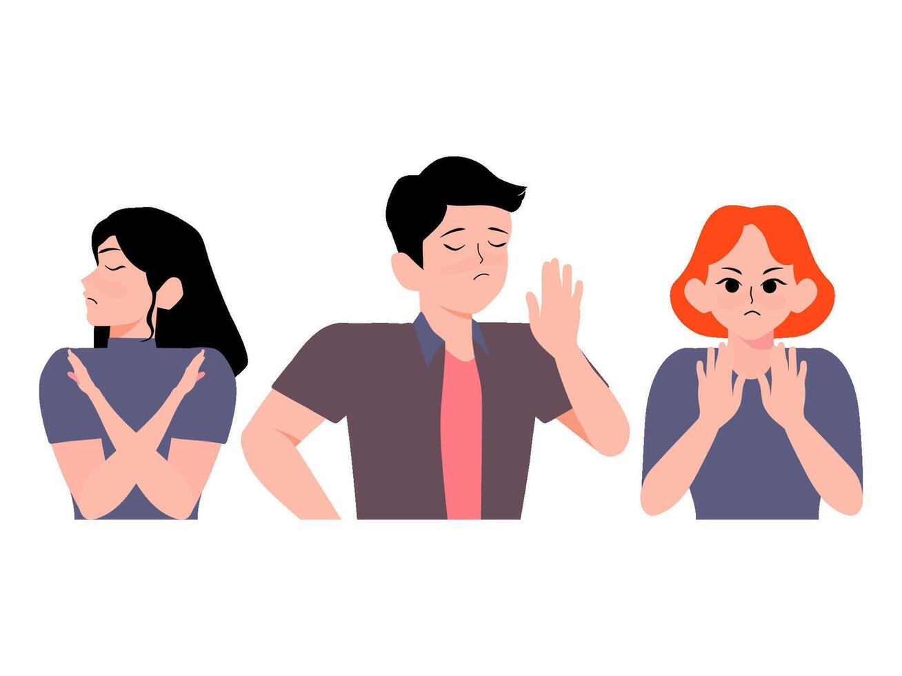 Group of people show stop gesture with their hands. serious Man and Woman gesturing no or stop sign with crossed hands cartoon illustration vector