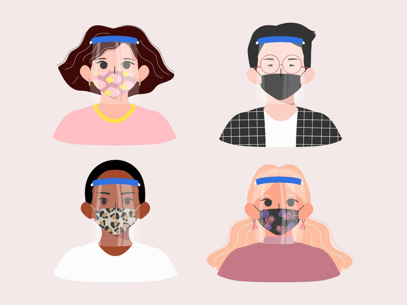 People using face shield and patterned mask vector
