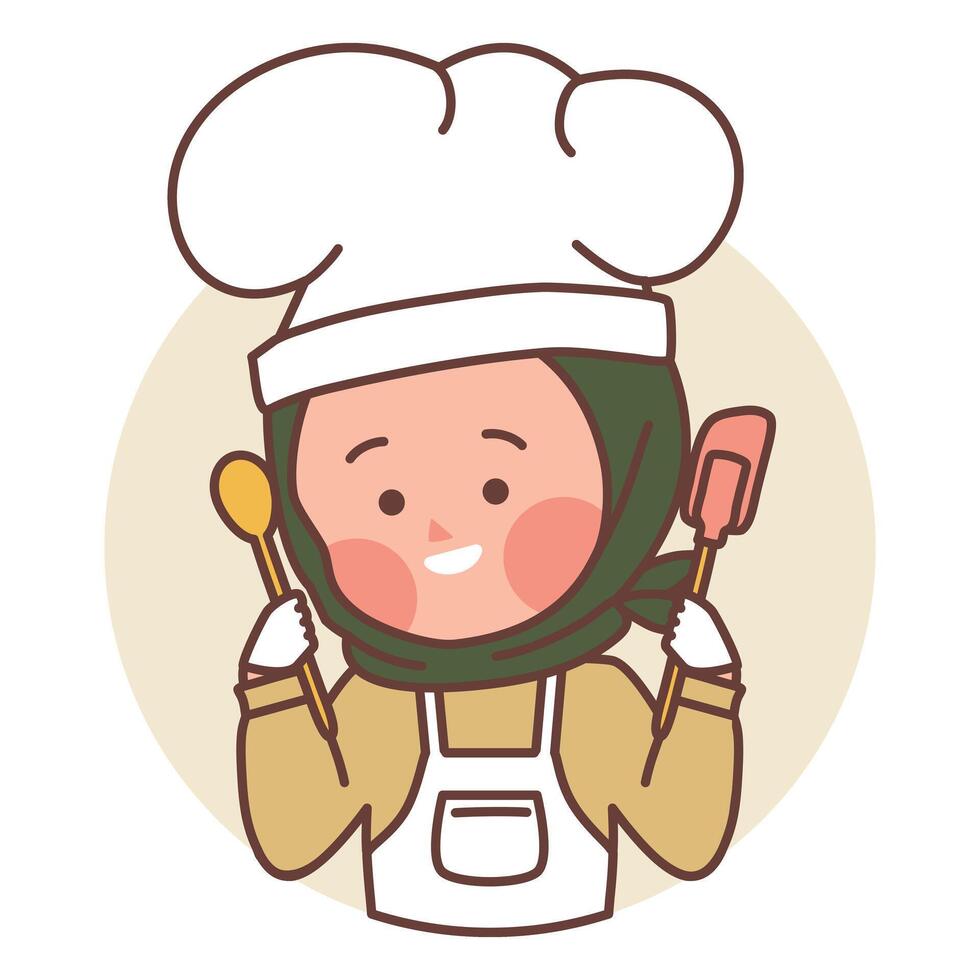 hand drawn cute doodle chef with muslim hijab and apron with hat vector