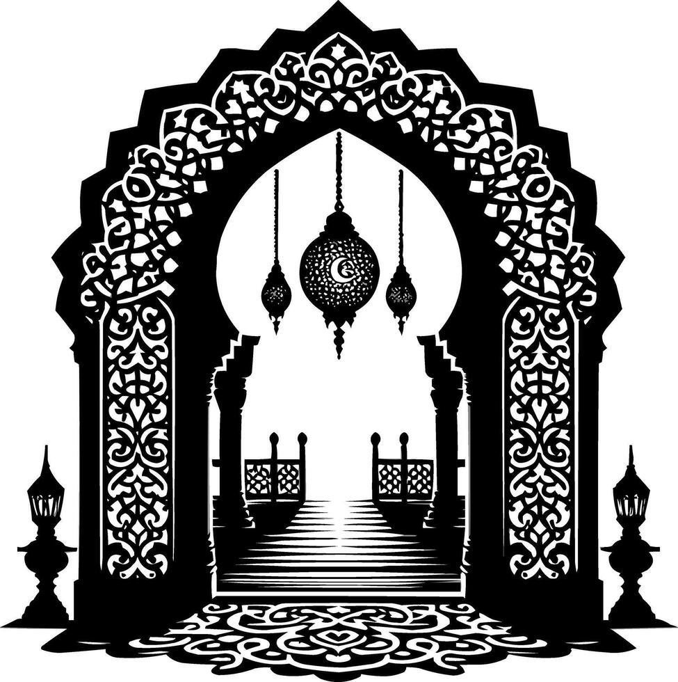 arabic arch with lanterns and ornate design vector